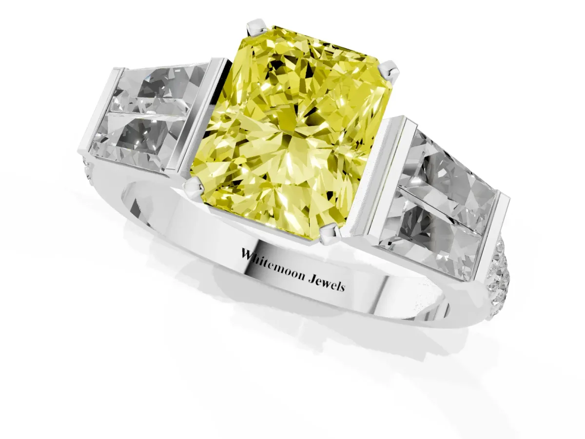 Fancy Yellow Radiant Cut Diamond Engagement Ring with Baguette Side Stones and Channel Set Band White gold