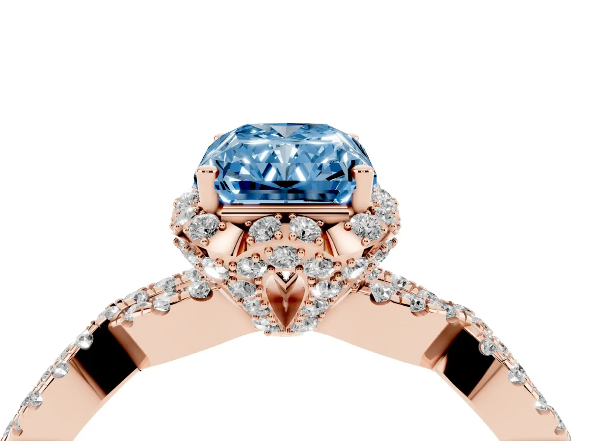 Fancy Blue Radiant Cut Halo Twist Band Solitaire Ring with Six-Prong Setting Rose gold