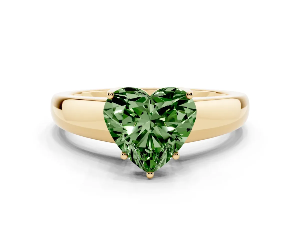 Fancy Green Heart Cut Solitaire Diamond Ring with Tapered Band and Four-Prong Setting Yellow gold