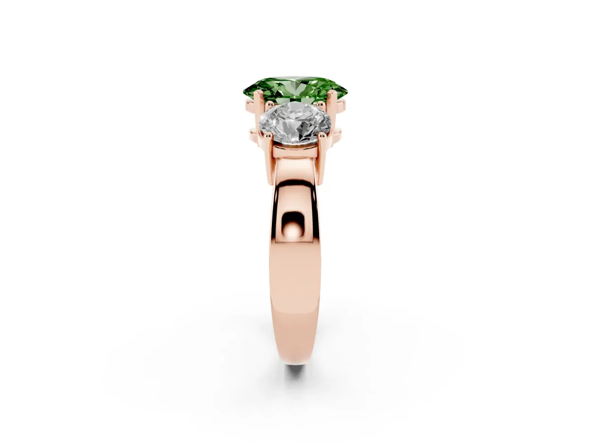 Fancy Green Three-Stone Oval Cut Diamond Ring with Round Side Stones, Classic Band, and Four-Prong Setting Rose gold