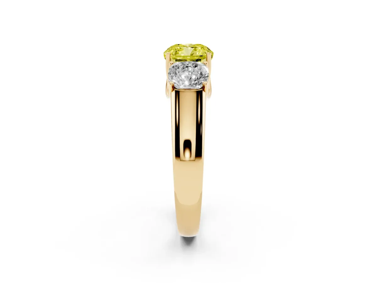 Fancy Yellow Three-Stone Cushion Cut Cut Diamond Ring with Prong Setting and Classic Band Yellow gold