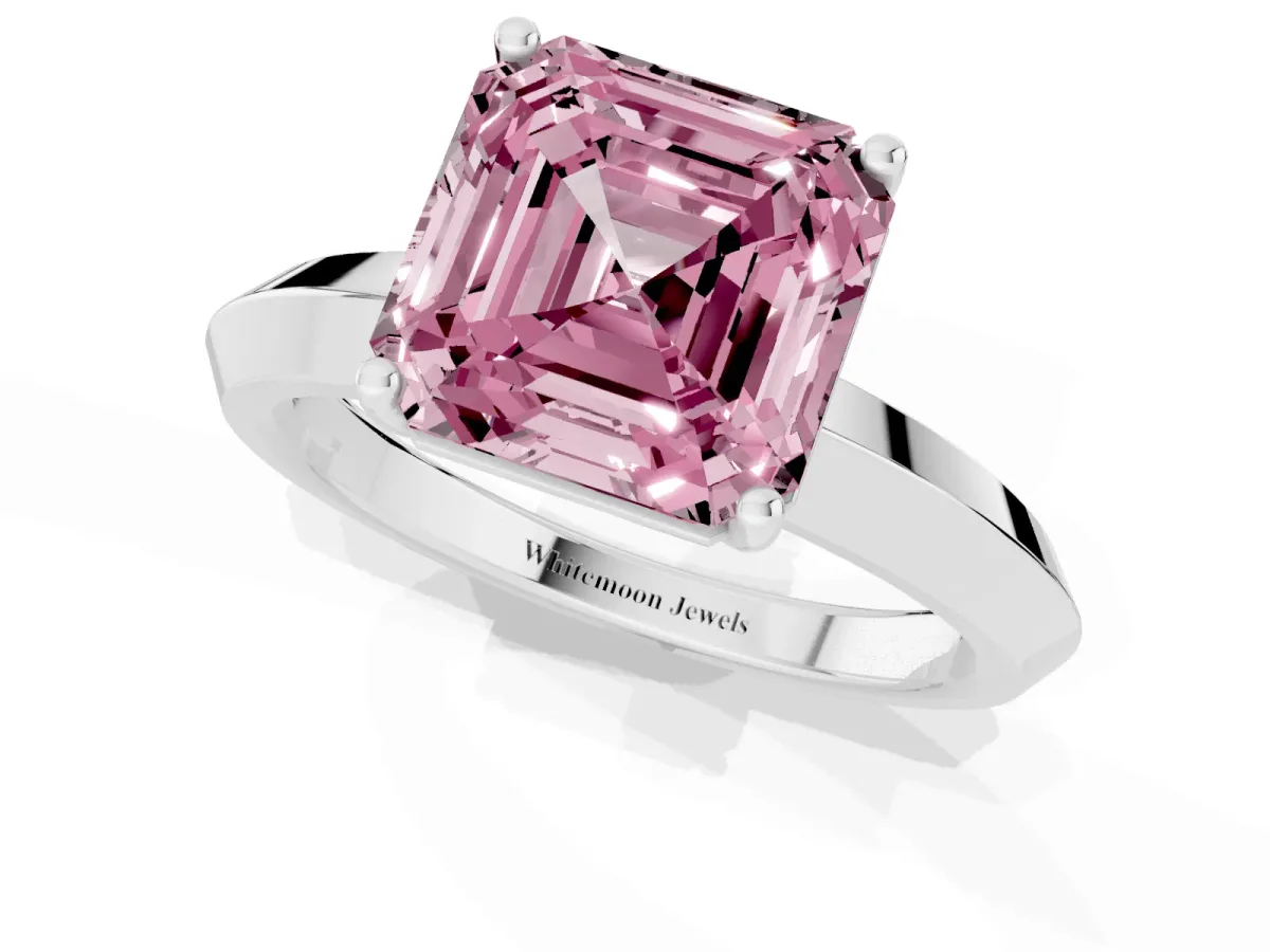Fancy Pink Asscher Cut Cut Solitaire Engagement Ring with Flat Band and Four-Prong Setting White gold