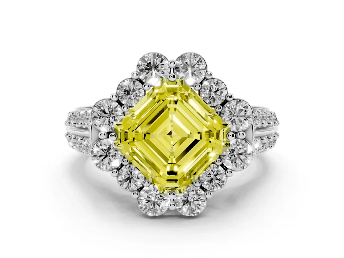 Fancy Yellow Asscher Cut Halo Diamond Engagement Ring with Split Shank and Prong Setting Silver