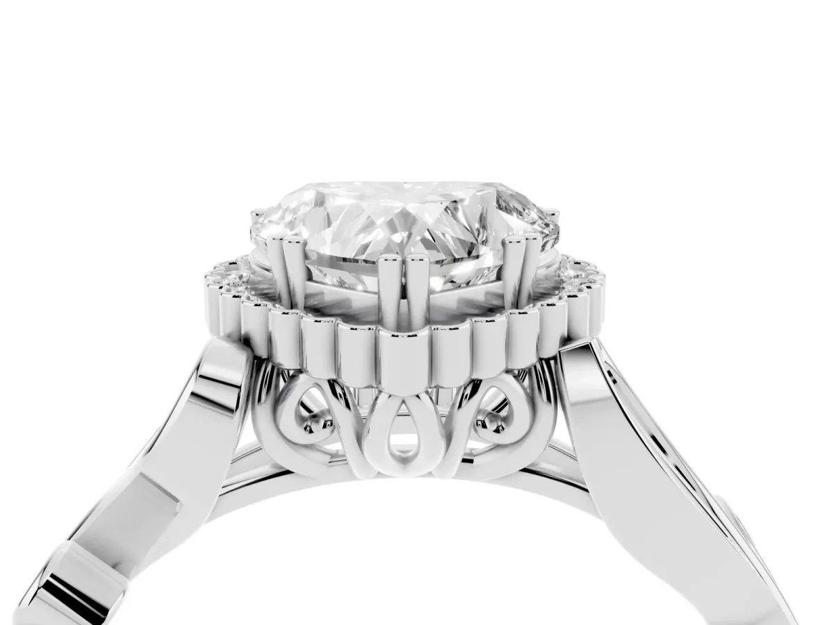 Heart Cut Diamond Halo Ring with Vintage Split Shank and Four-Prong Setting Silver