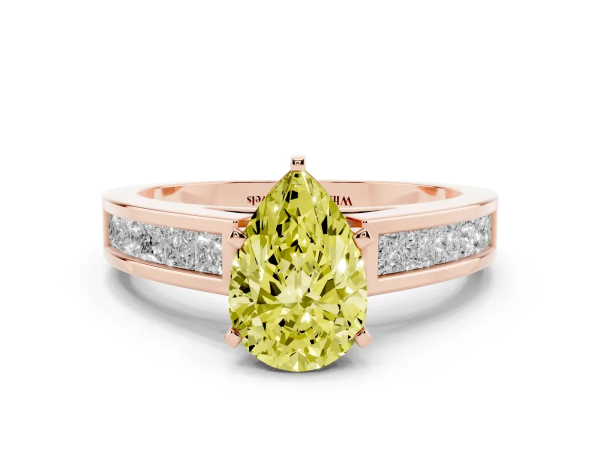 Fancy Yellow Pear Cut Solitaire Diamond Ring with Channel-Set Band and Four-Prong Setting Rose gold