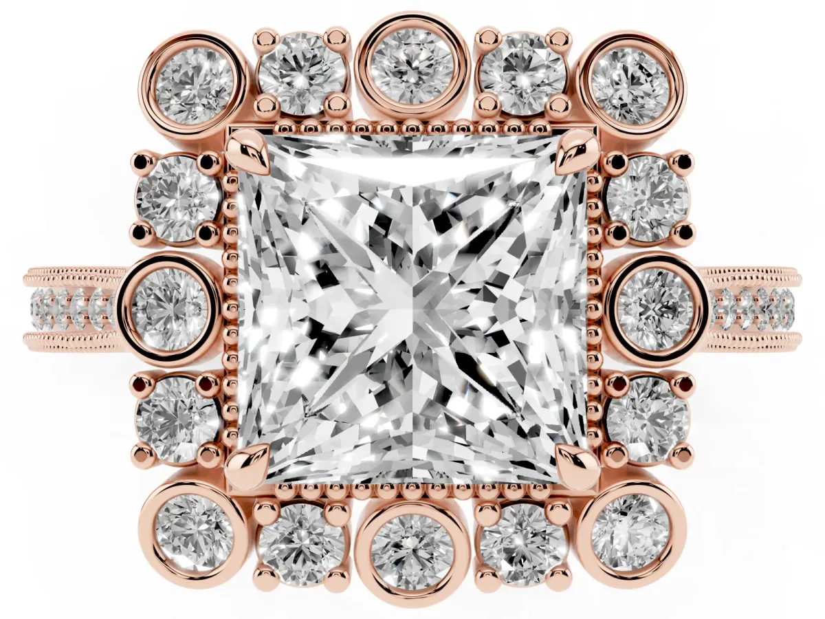 Princess Cut Halo Milgrain Pave Diamond Ring with Four-Prong Setting Rose gold