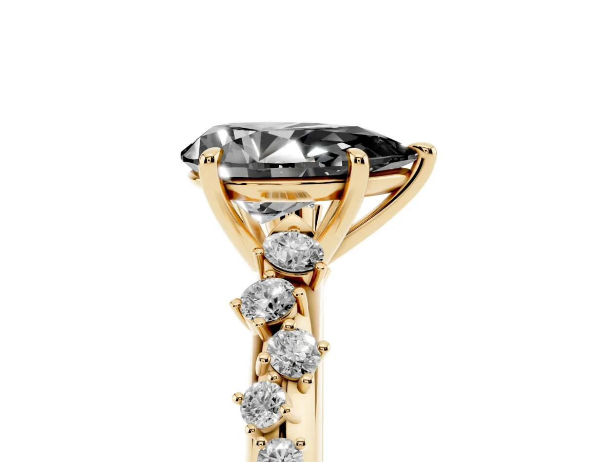 Fancy Black Pear Cut Diamond Cluster Side Stone Solitaire Ring with Prong Setting Yellow gold