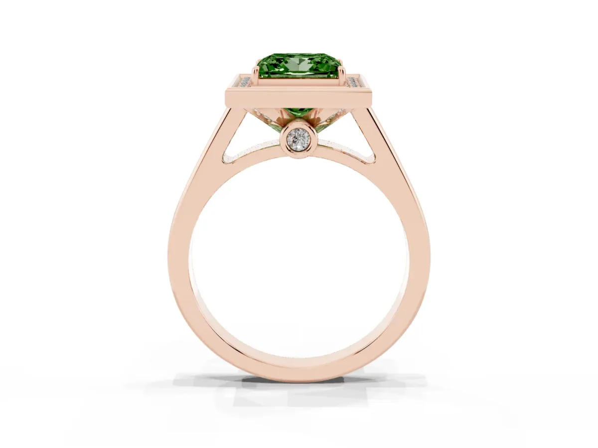 Fancy Green Princess Cut Halo Solitaire Diamond Ring with Pave Band and Bezel Setting Rose gold