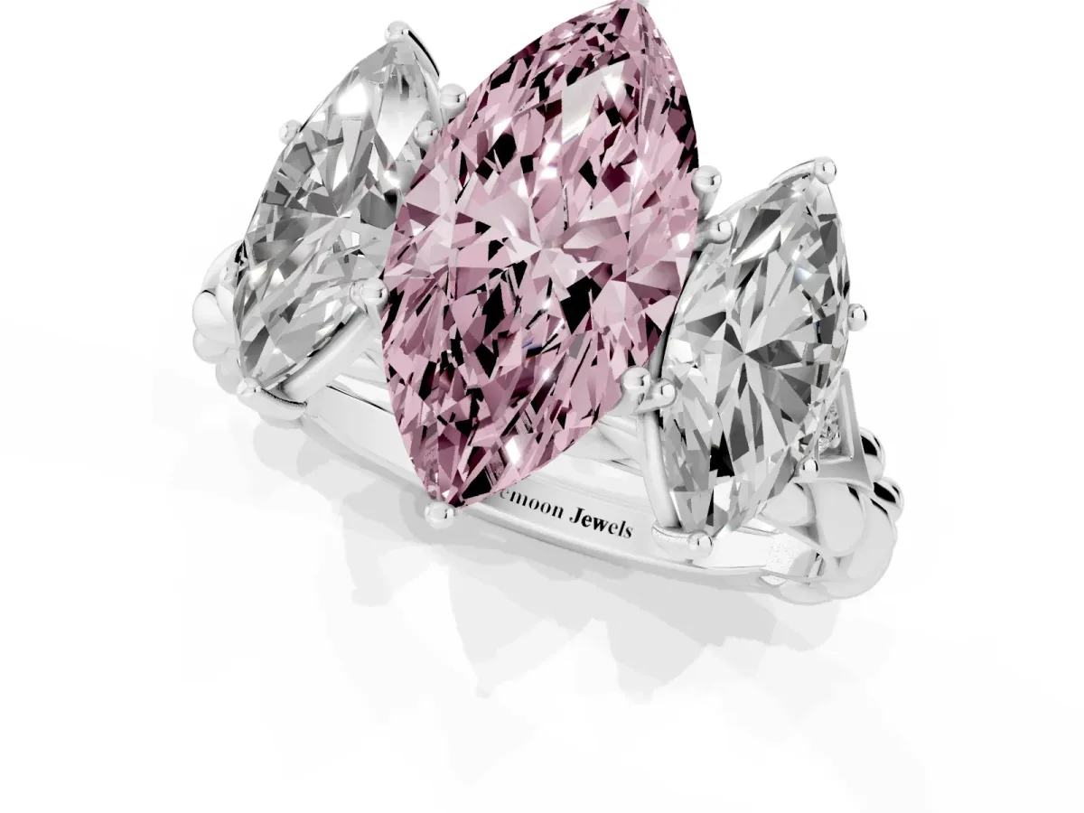 Fancy Pink Three-Stone Marquise Cut Diamond Braided Band Ring with Four-Prong Setting Platinum