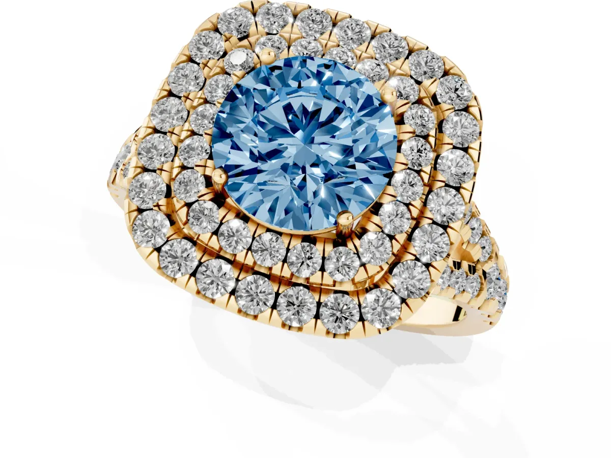 Fancy Blue Double Halo Round Cut Diamond Pavé Split Shank Ring with Prong Setting Yellow gold
