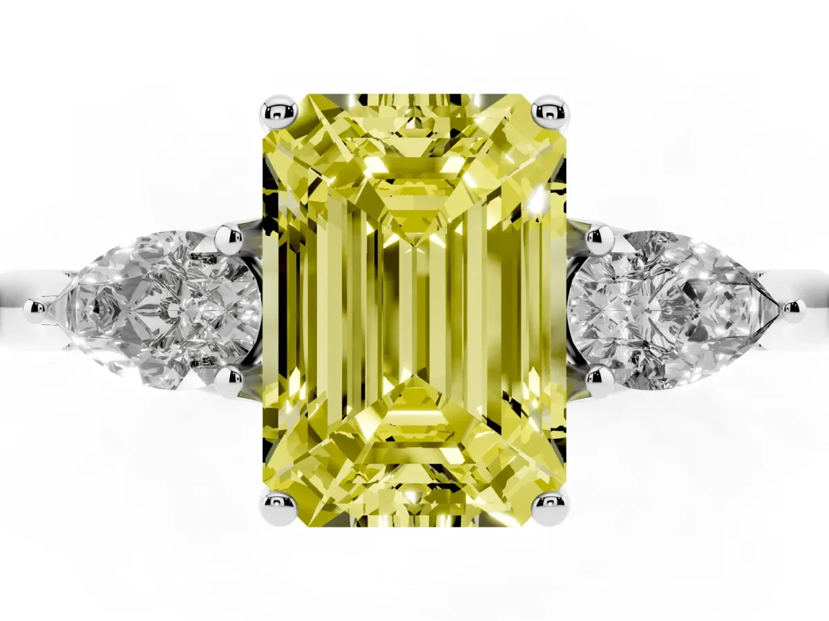 Fancy Yellow Three-Stone Emerald Cut Brilliant Diamond Solitaire Ring with Tapered Band and Four-Prong Setting Platinum