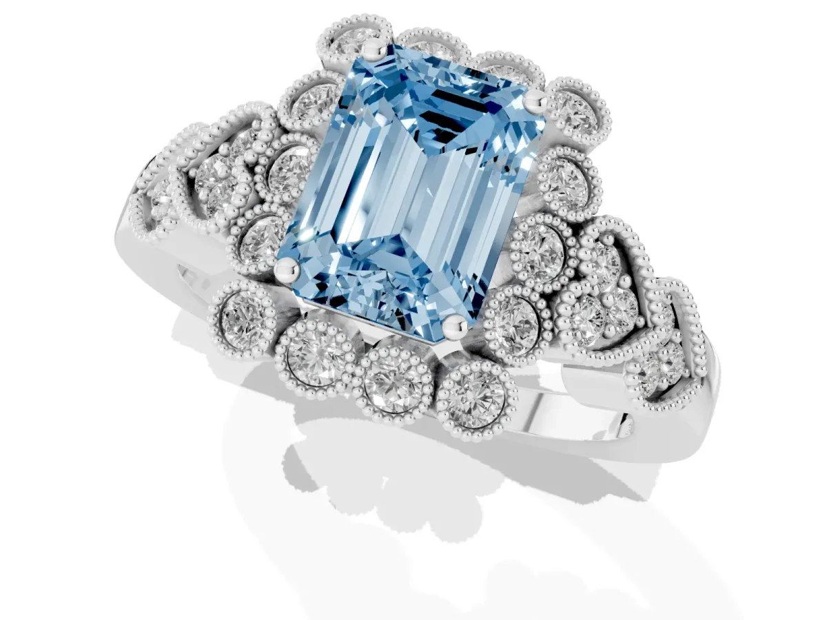 Fancy Blue Emerald Cut Brilliant Milgrain Pave Heart Band Solitaire Ring Silver