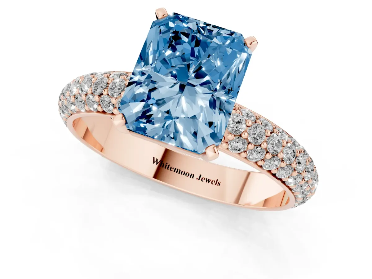 Fancy Blue Radiant Cut Diamond Solitaire Ring with Prong Setting and Pavé Band Rose gold