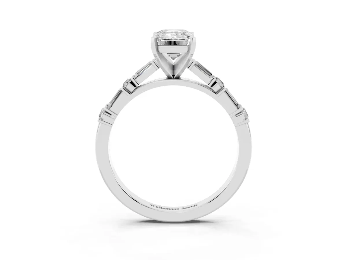 Emerald Cut Diamond Solitaire with Side Baguettes and Channel Set Band Silver
