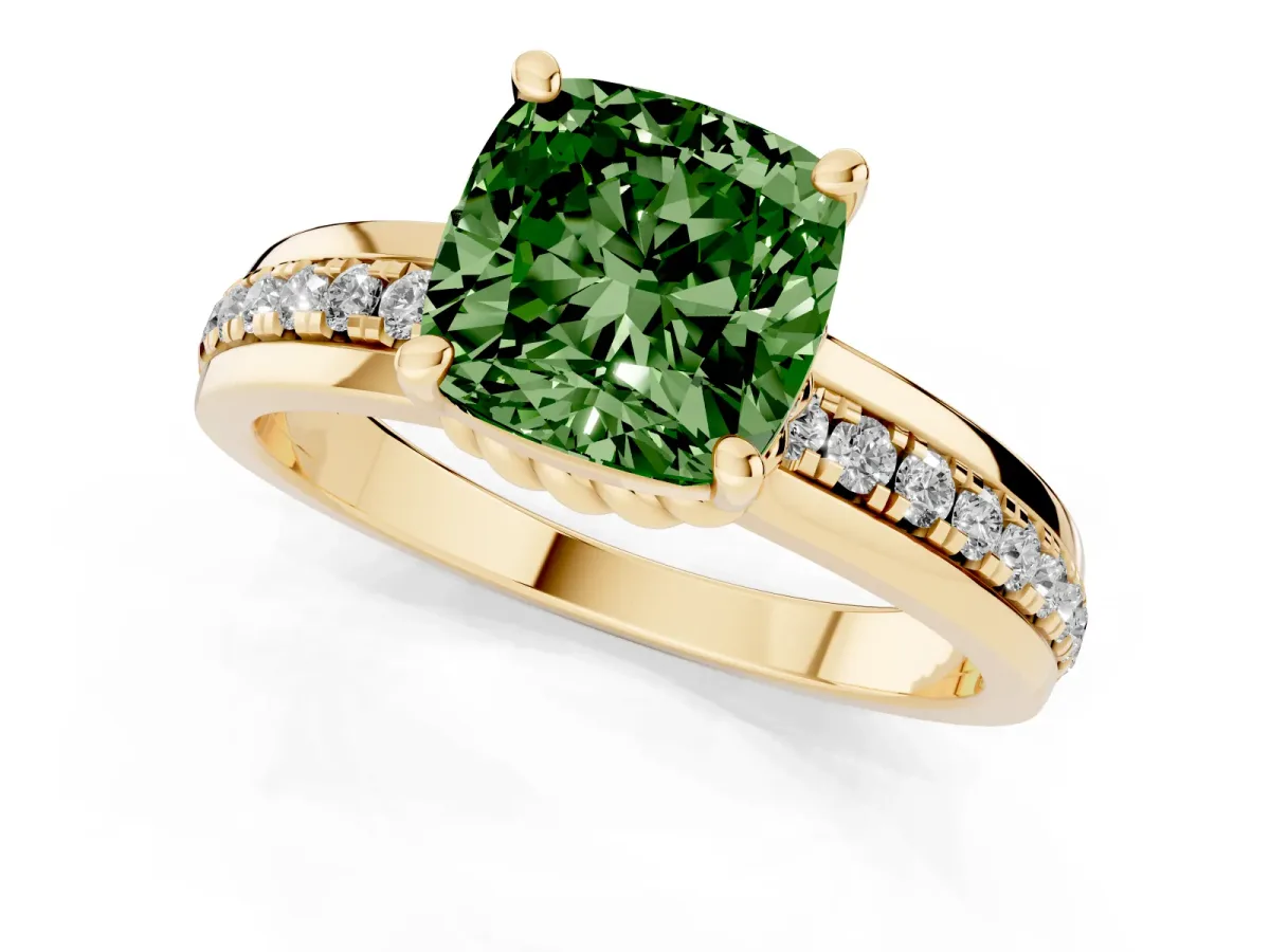 Fancy Green Cushion Cut Solitaire Diamond Ring with Channel Set Band and Six-Prong Setting Yellow gold