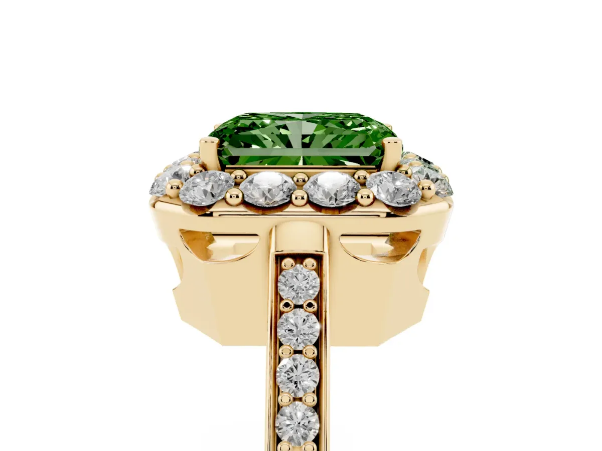 Fancy Green Radiant Cut Diamond Floral Halo Ring with Pavé Band and Prong Setting Yellow gold