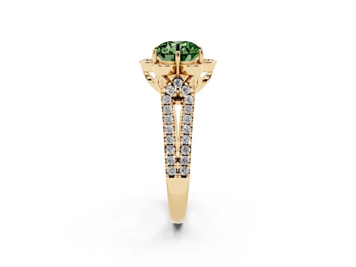 Fancy Green Round Cut Halo Diamond Floral Split Shank Engagement Ring Yellow gold