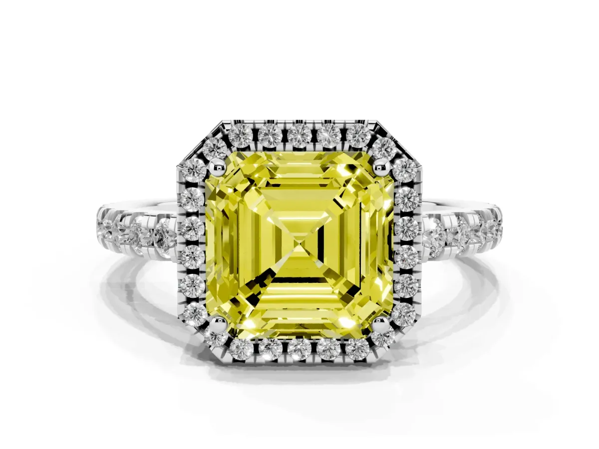 Fancy Yellow Asscher Cut Diamond Halo Ring with Pavé Band and Four-Prong Setting Platinum