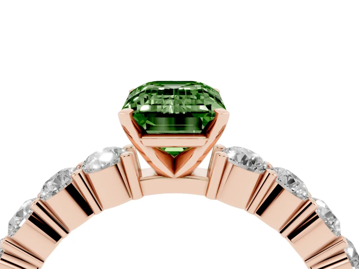 Fancy Green Emerald Cut Diamond Solitaire Ring with Shared Prong Round Side Stones Rose gold