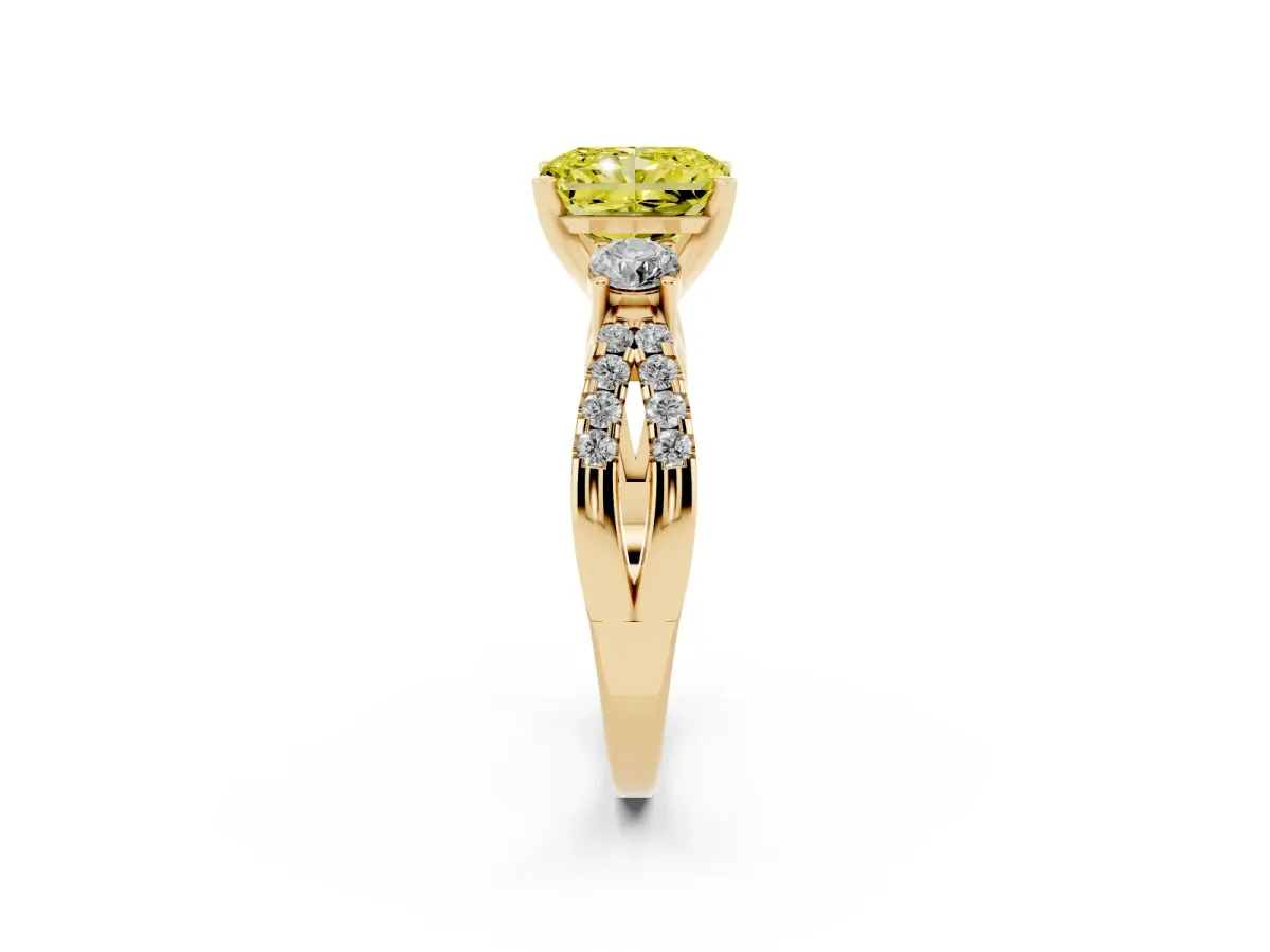 Fancy Yellow Radiant Cut Diamond Three-Stone Ring with Pavé Split Shank and Four-Prong Setting Yellow gold