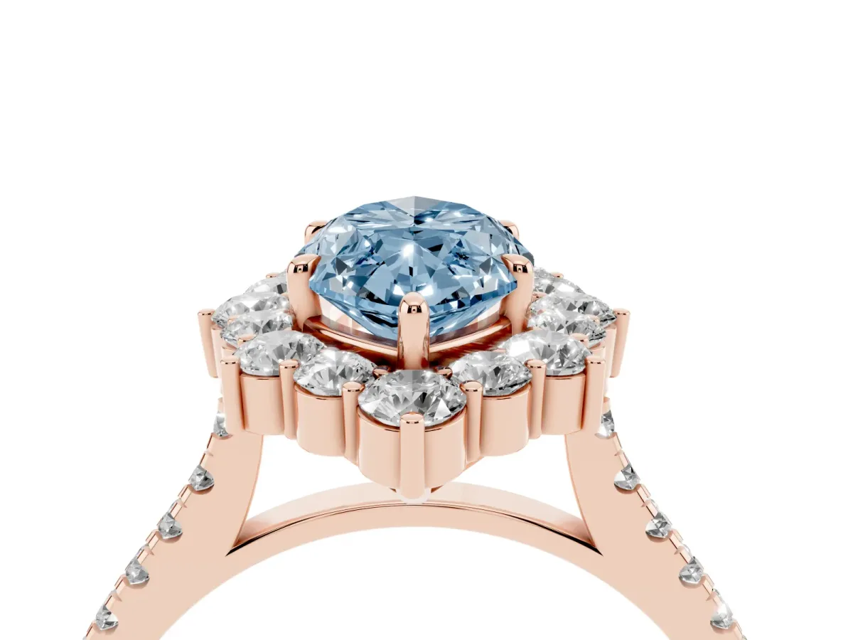 Fancy Blue Marquise Cut Halo Diamond Ring with Pavé Band and Prong Setting Rose gold