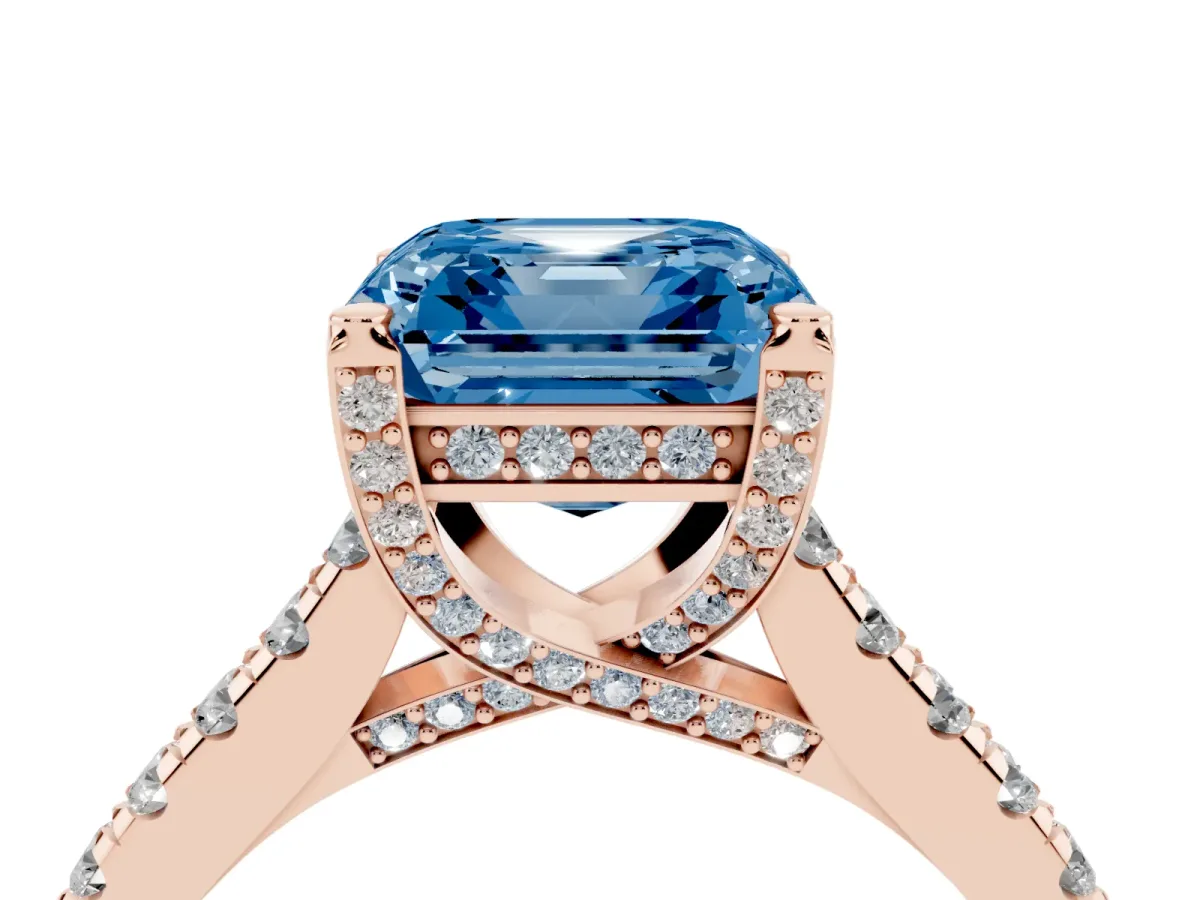 Fancy Blue Asscher Cut Brilliant Diamond Solitaire with Pavé Band and Four-Prong Setting Rose gold