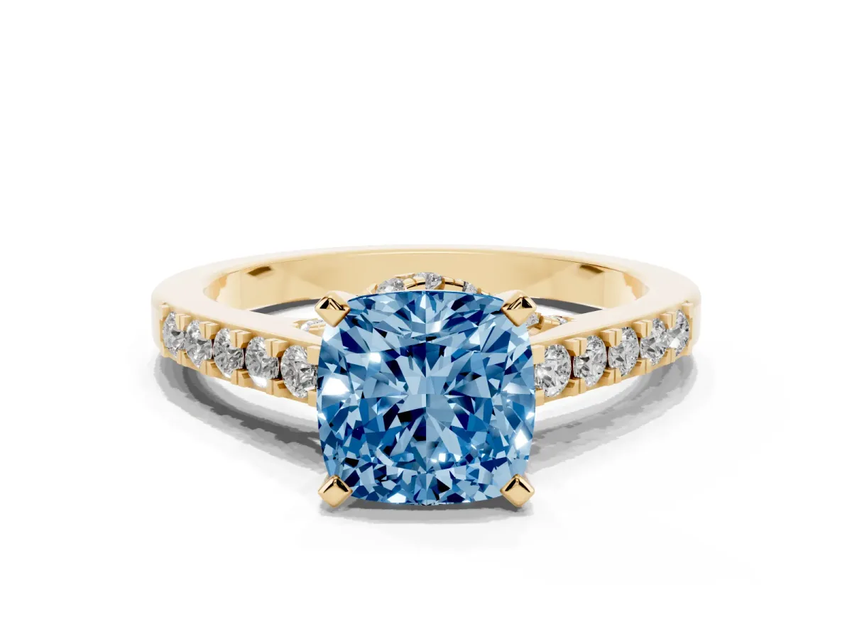Fancy Blue Cushion Cut Diamond Solitaire Ring with Crossover Gallery and Round Pavé Band Yellow gold