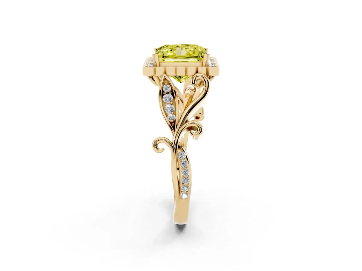 Fancy Yellow Princess Cut Diamond Halo Ring with Vintage Split Shank and Four-Prong Setting Yellow gold