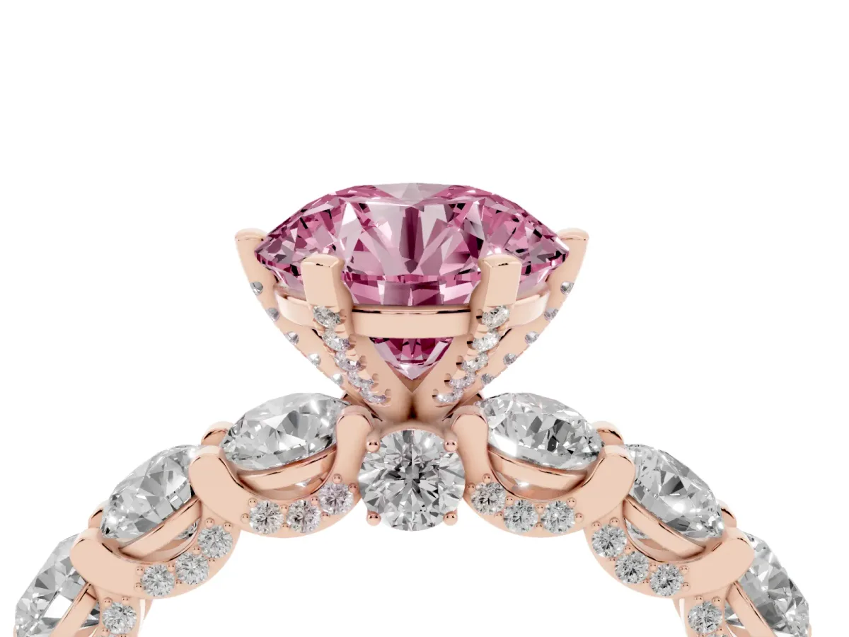 Fancy Pink Round Cut Diamond Side Stone Engagement Ring with Four-Prong Setting Rose gold