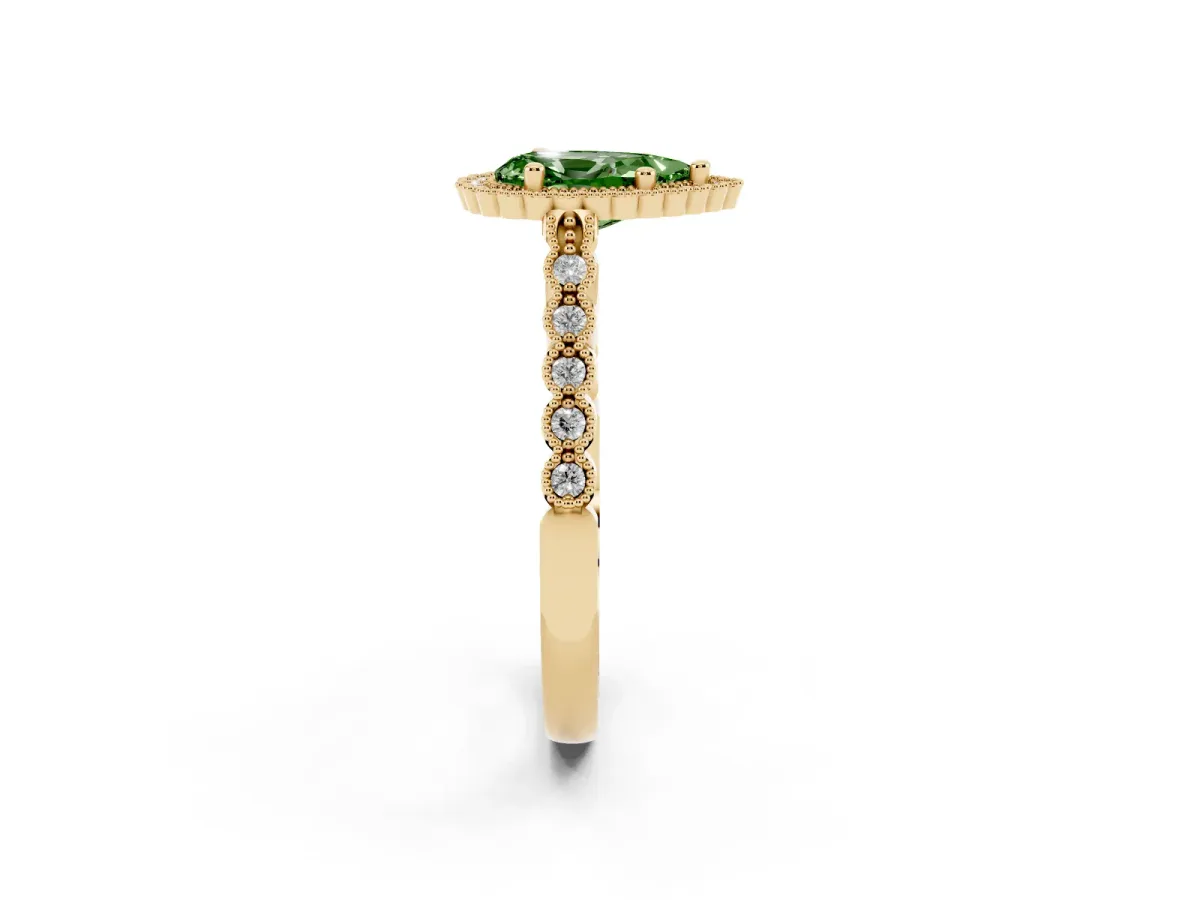 Fancy Green Pear Cut Cut Halo Pavé Solitaire Ring with Milgrain Band Yellow gold