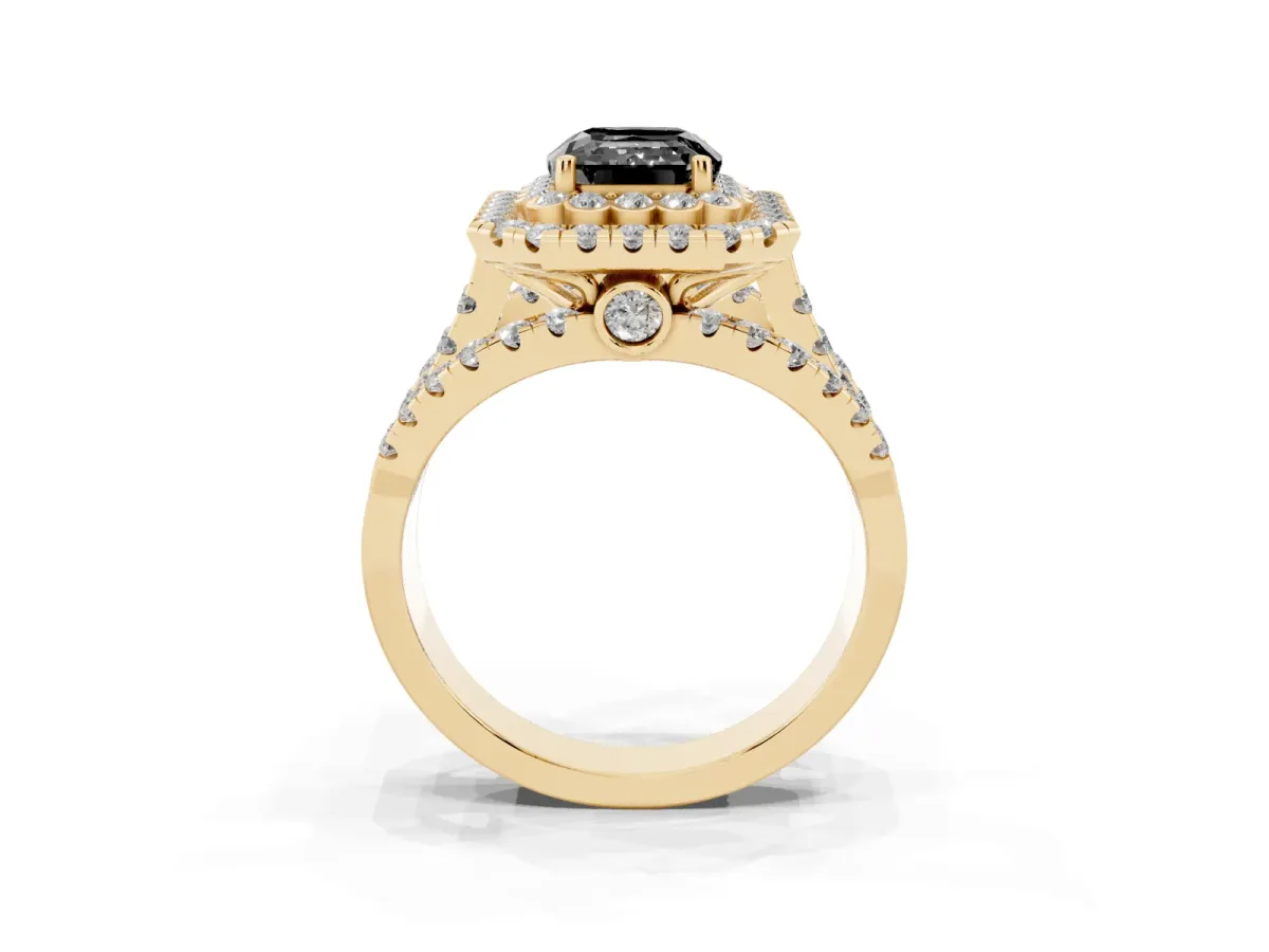 Fancy Black Emerald Cut Diamond Double Halo Ring with Round Pavé Split Shank and Prong Setting Yellow gold