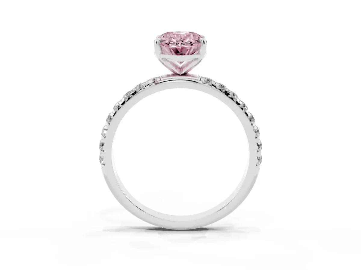 Fancy Pink Oval Cut Cut Diamond Solitaire Ring with Micro Pave Band and Four Prong Setting Silver