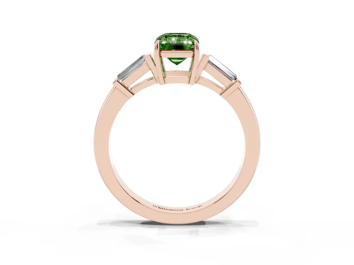 Fancy Green Emerald Cut Diamond Three-Stone Ring with Tapered Baguette Side Stones and Prong Setting Rose gold