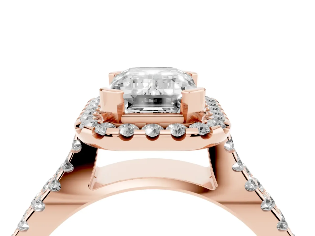 Emerald Cut Diamond Halo Ring with Split Shank Pavé Band and Prong Setting Rose gold