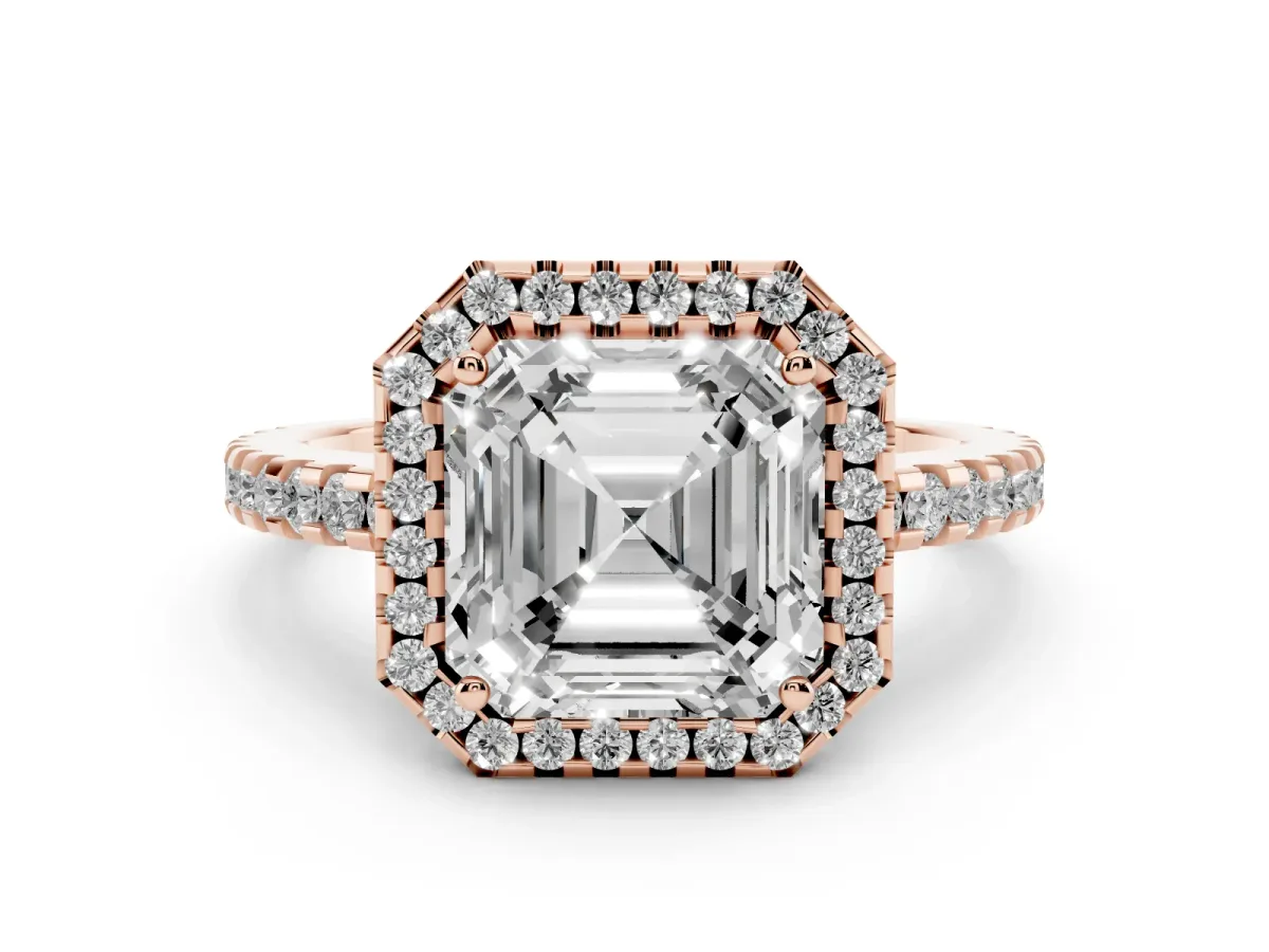 Asscher Cut Diamond Halo Engagement Ring with Pavé Band and Prong Setting Rose gold