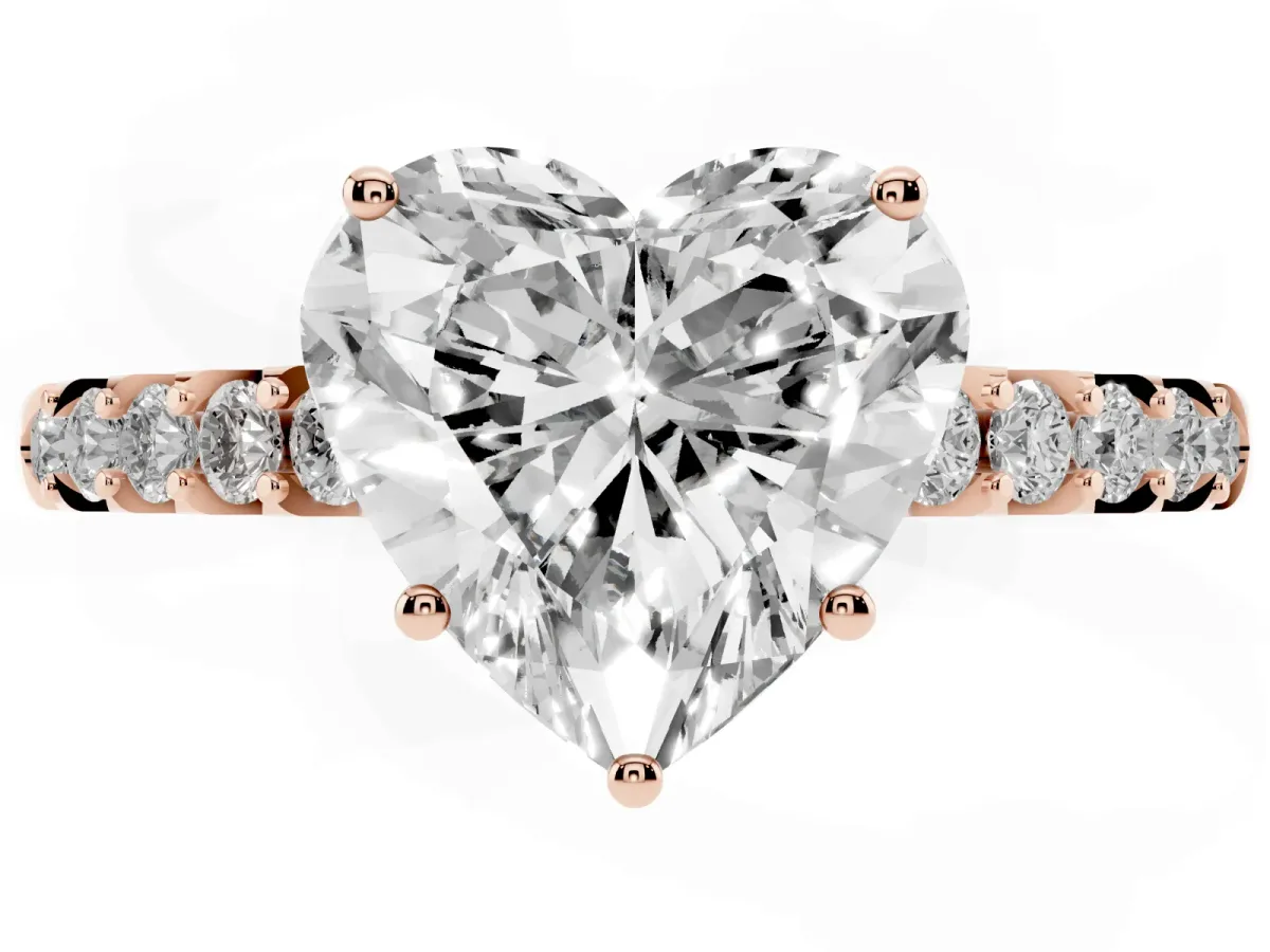Heart Cut Solitaire Diamond Engagement Ring with Pavé Band and Six-Prong Setting Rose gold