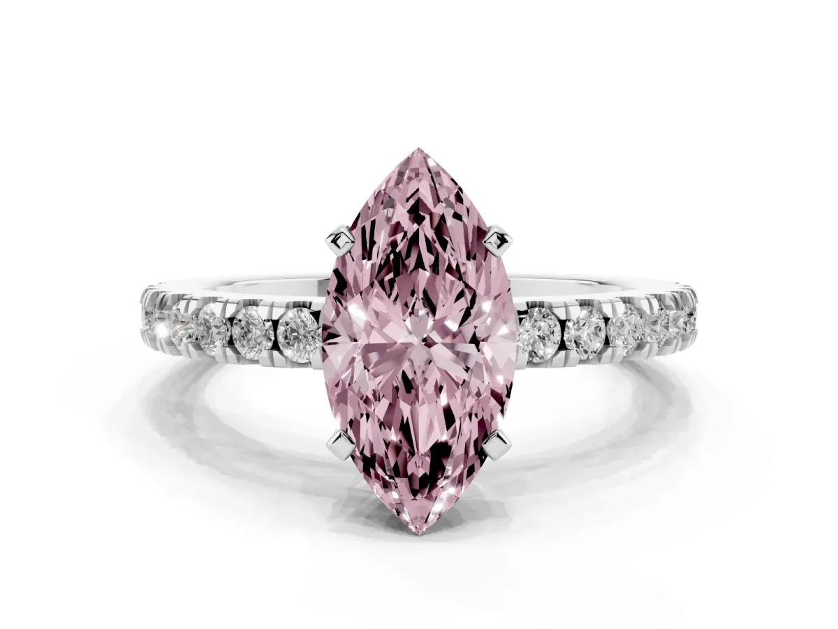 Fancy Pink Marquise Cut Solitaire Diamond with Pavé Band and Four-Prong Setting Platinum