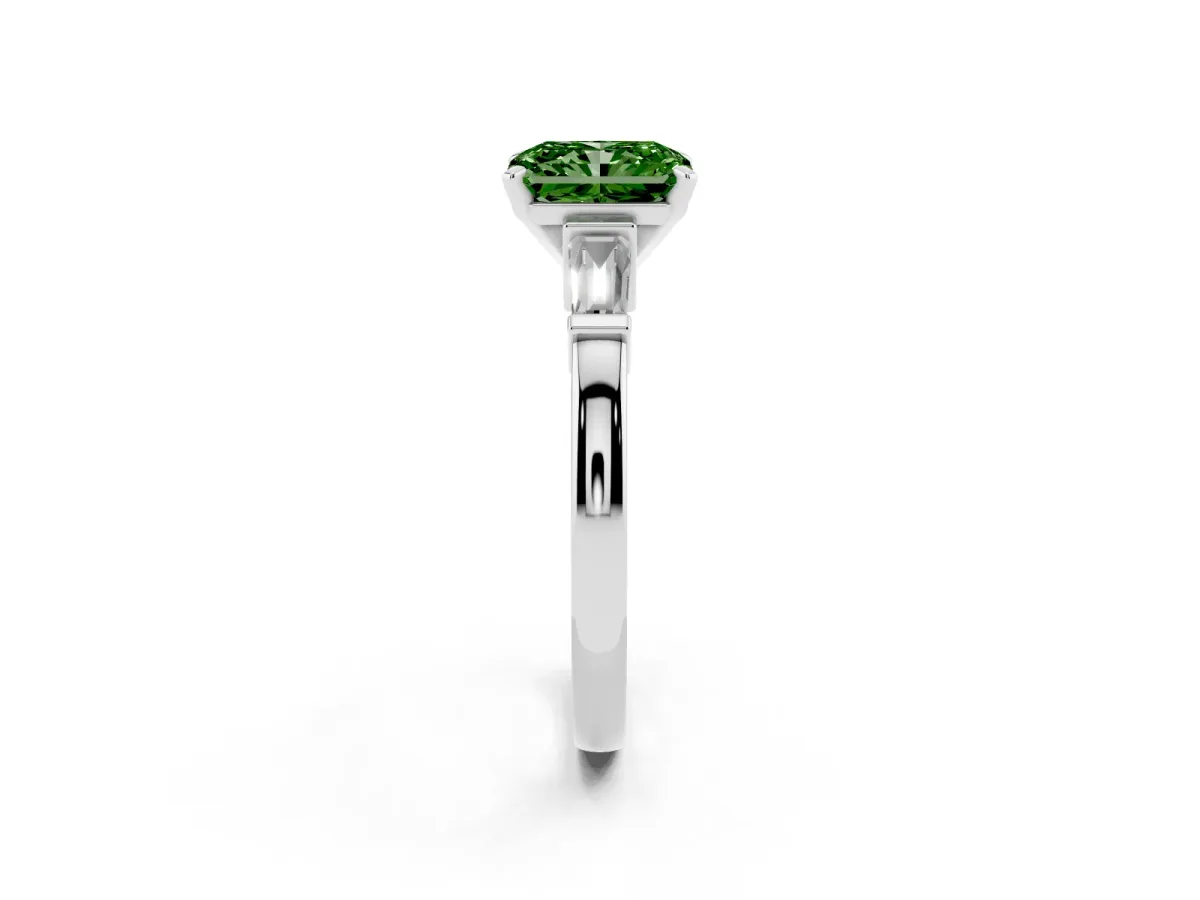 Fancy Green Radiant Cut Cut Diamond Solitaire Ring with Tapered Baguette Accents and Four-Prong Setting White gold