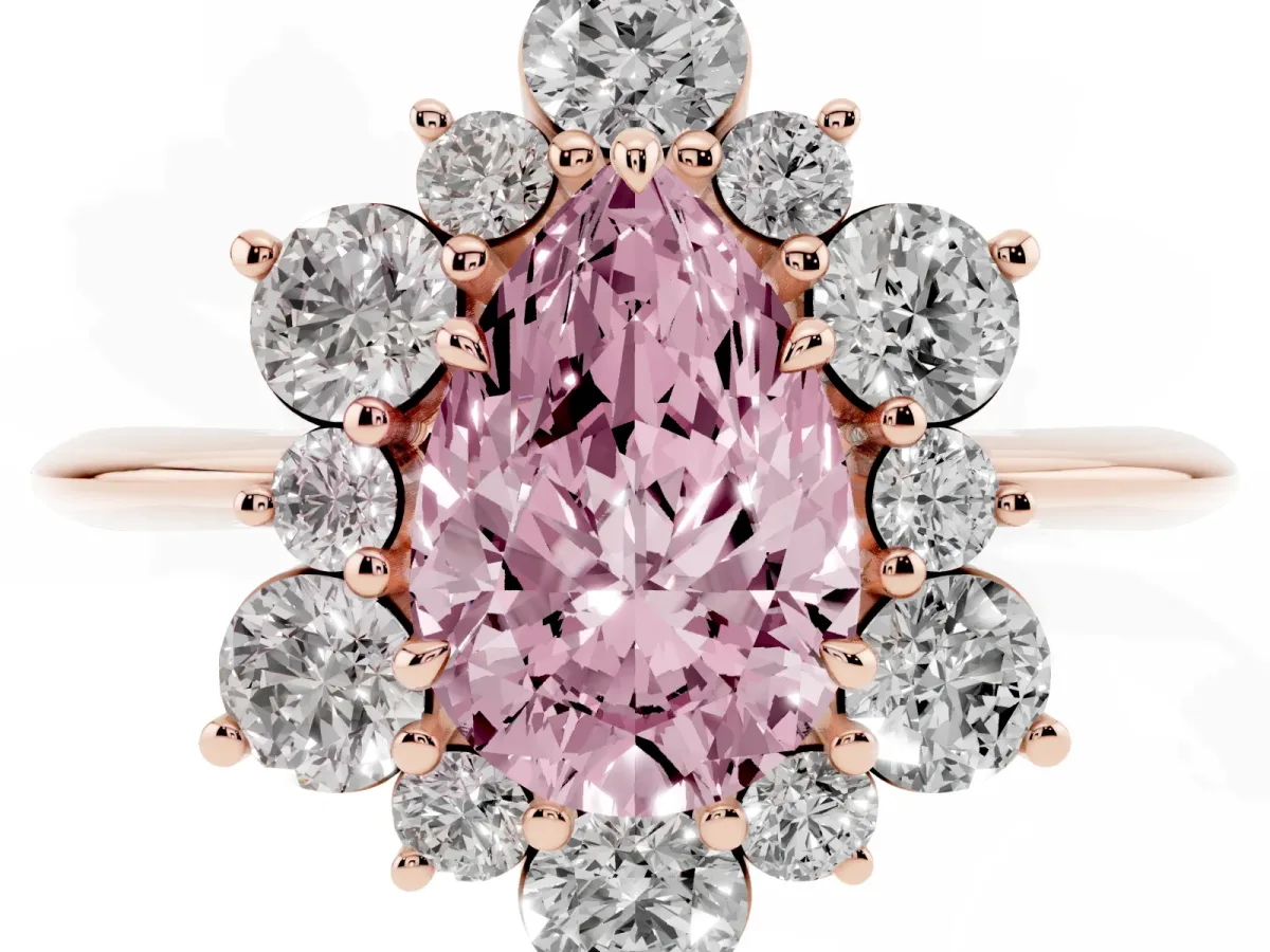 Fancy Pink Pear Cut Diamond Cluster Halo Ring with Solitaire Band and Four-Prong Setting Rose gold