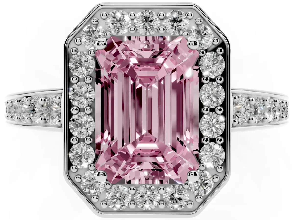 Fancy Pink Emerald Cut Halo Pavé Diamond Engagement Ring with Bezel Setting Silver