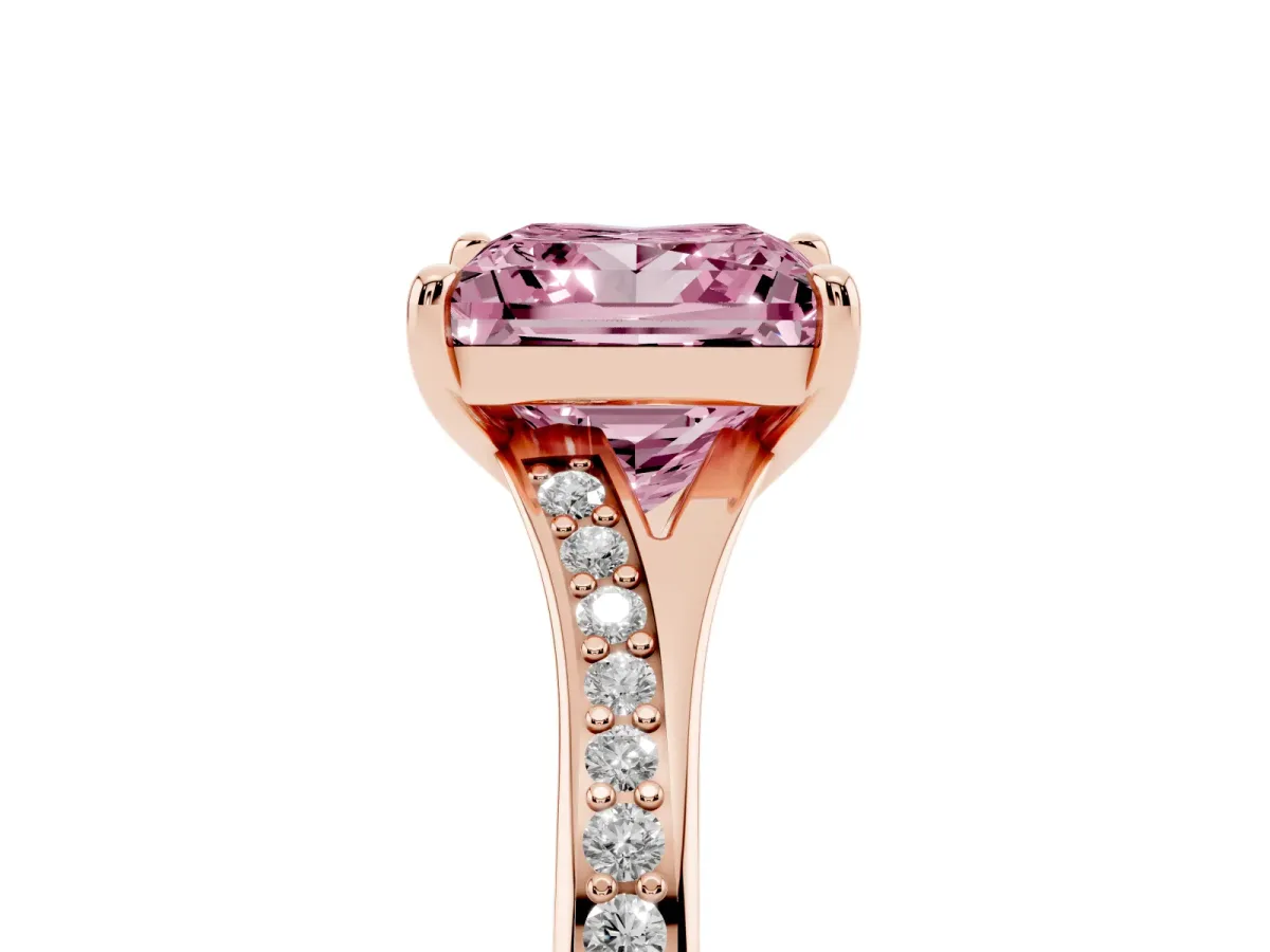 Fancy Pink Princess Cut Diamond Solitaire Ring with Pavé Band and Prong Setting Rose gold