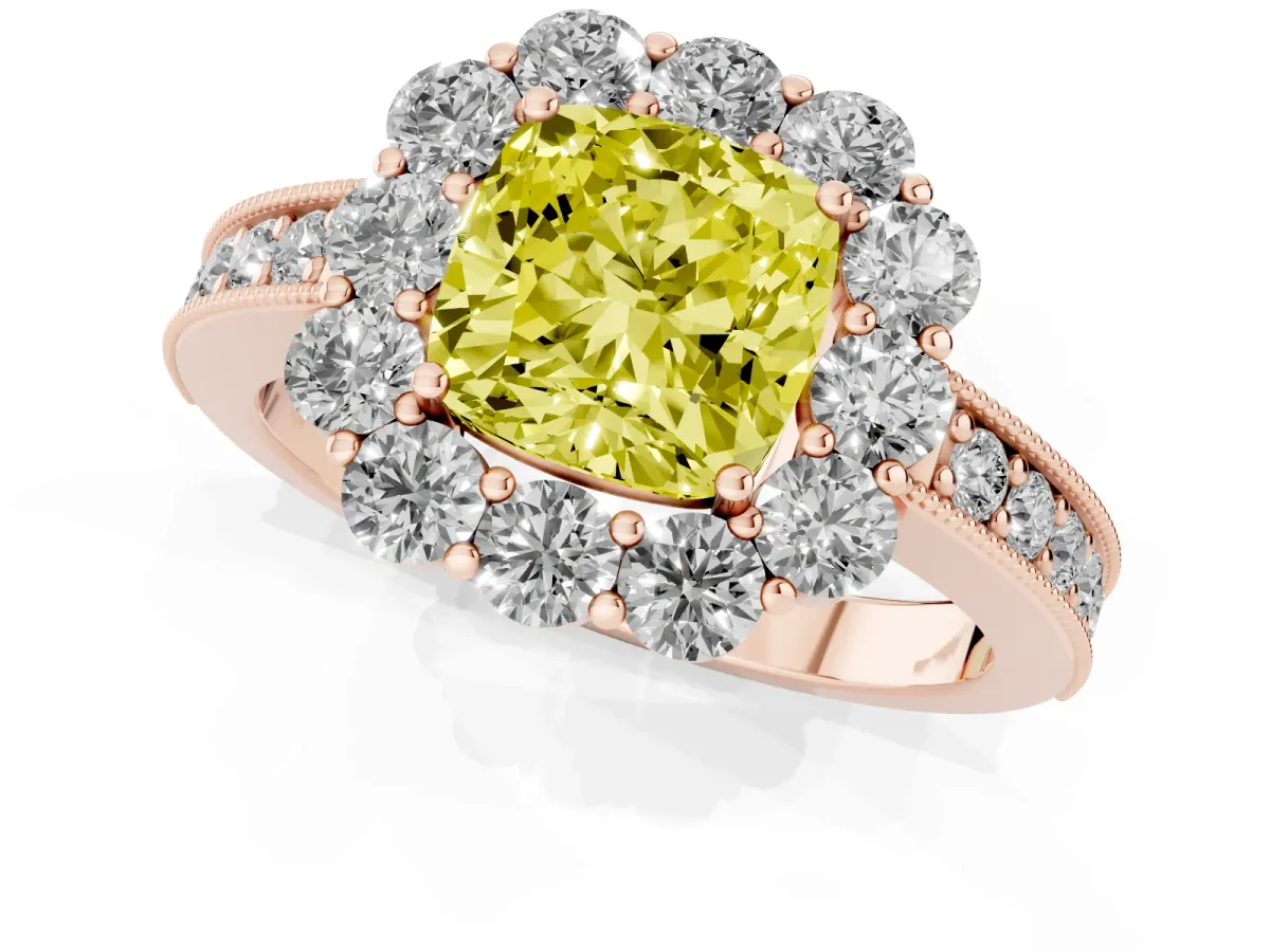 Fancy Yellow Cushion Cut Cut Halo Diamond Pavé Engagement Ring with Milgrain Detailing Rose gold