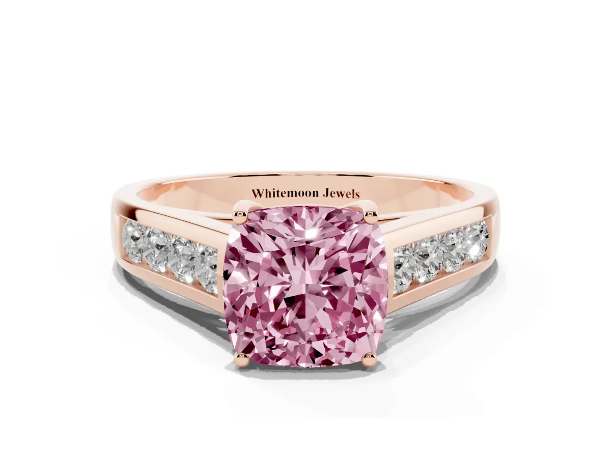 Fancy Pink Cushion Cut Solitaire Channel-Set Diamond Engagement Ring with Four-Prong Setting Rose gold