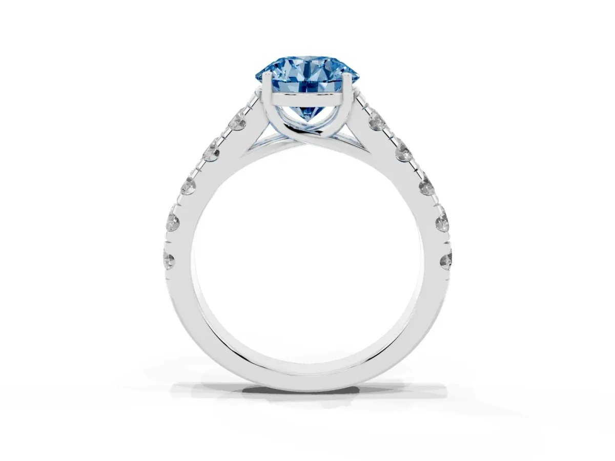 Fancy Blue Round Cut Cut Diamond Solitaire Ring with Micro Pave Band and Prong Setting Silver