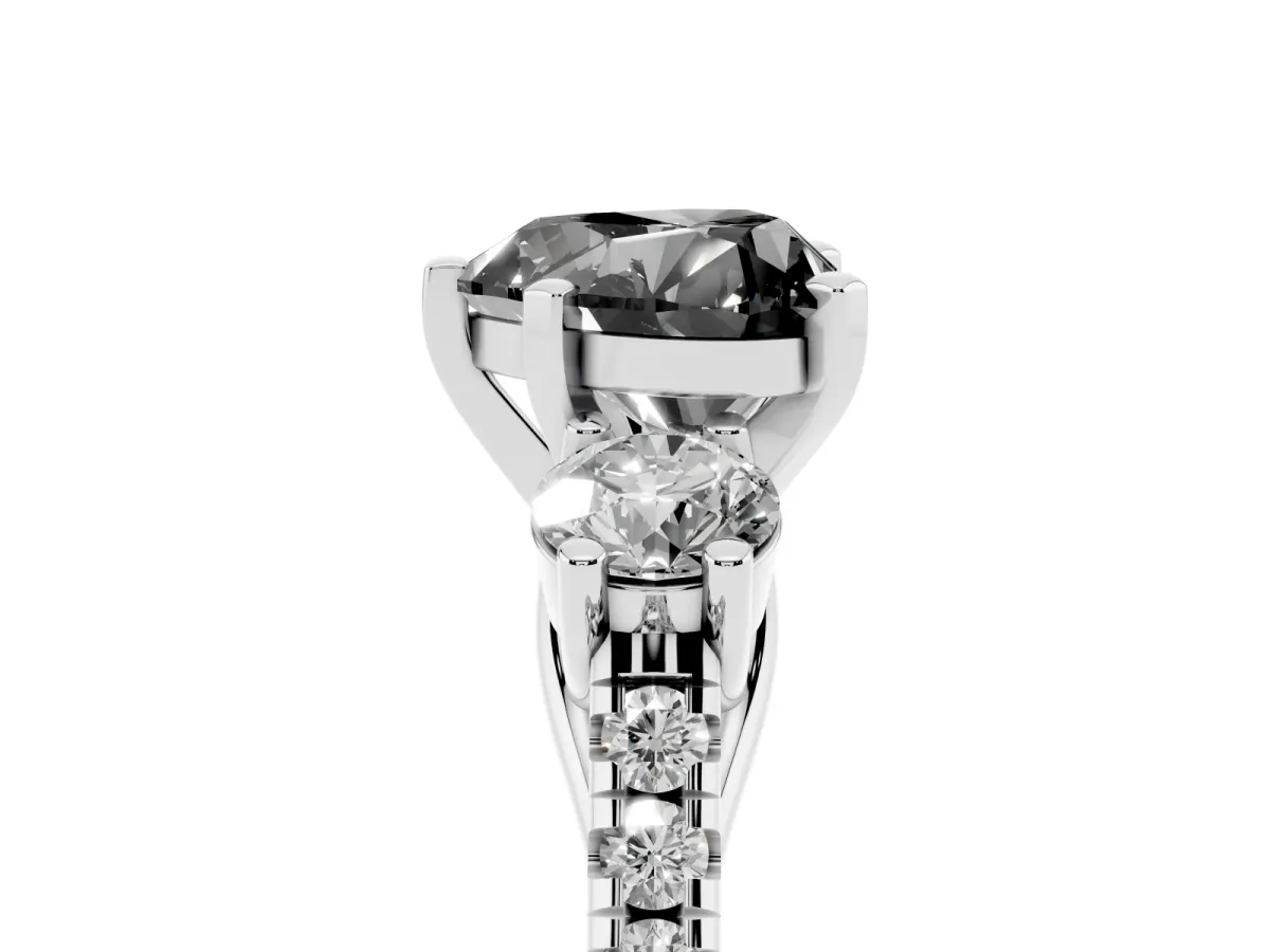 Fancy Black Three-Stone Heart Cut Diamond Pavé Band with Four-Prong Setting Platinum