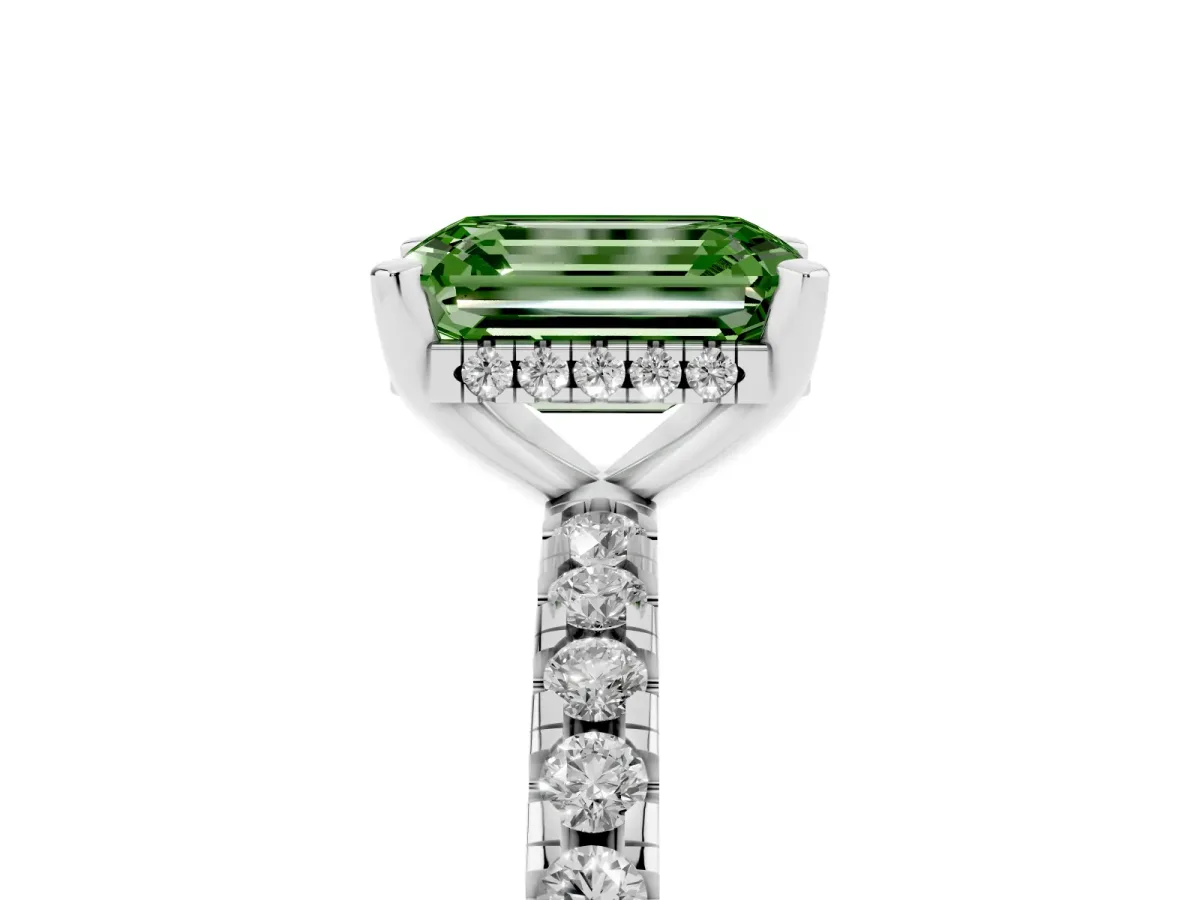 Fancy Green Emerald Cut Diamond Solitaire Ring with Round Pavé Band and Four-Prong Setting Silver