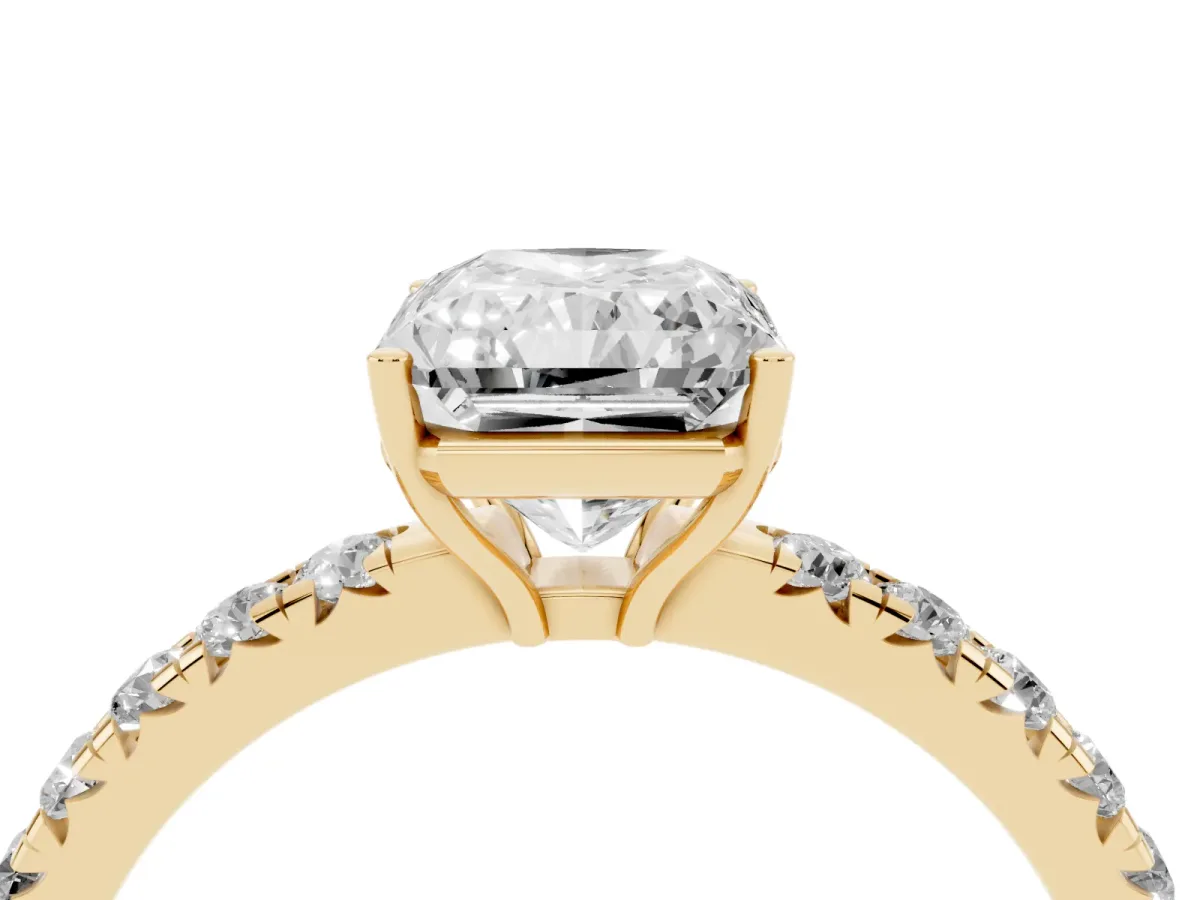 Radiant Cut Diamond Pavé Solitaire Engagement Ring with Four-Prong Setting Yellow gold