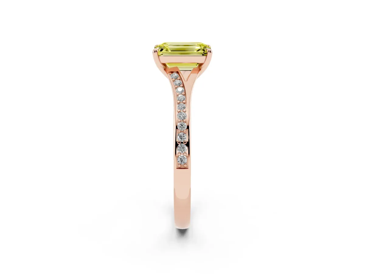 Fancy Yellow Emerald Cut Diamond Solitaire Ring with Pavé Band and Prong Setting Rose gold