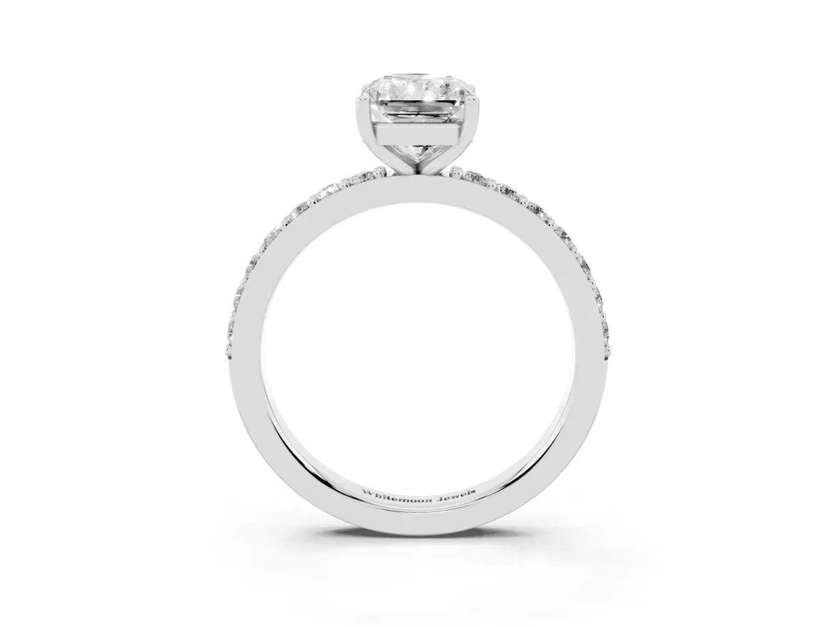 Radiant Cut Cut Diamond Solitaire with Pave Band and Four-Prong Setting Silver