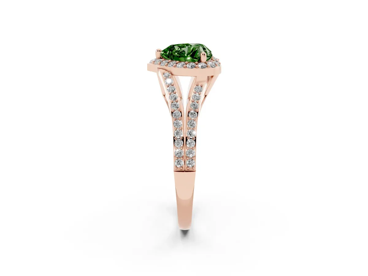 Fancy Green Heart Cut Halo Split Shank Diamond Ring with Prong Setting Rose gold